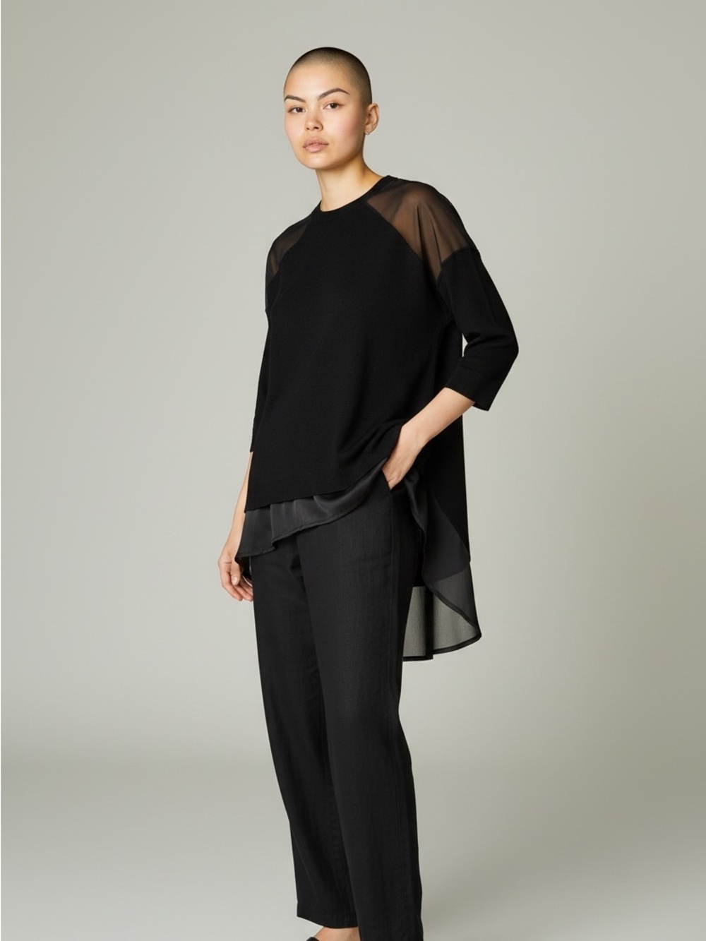 COS Black Relaxed Long-Sleeve Top with Back Button Closure Woven Silk Cotton